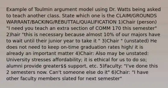 Example of Toulmin argument model using Dr. Watts being asked to teach another class. State which one is the CLAIM/GROUNDS WARRANT/BACKING/REBUTTAL/QUALIFICATION 1)Chair (person) "I need you teach an extra section of COMM 170 this semester" 2)hair "this is necessary because almost 10% of our majors have to wait until their junior year to take it " 3)Chair " (unstated) He does not need to keep on-time graduation rates high/ it is already an important matter 4)Chair: Also may be unstated: University stresses affordability; it is ethical for us to do so; alumni provide greater support, etc. 5)Faculty: "I've done this 2 semesters now. Can't someone else do it" 6)Chair: "I have other faculty members slated for next semester"