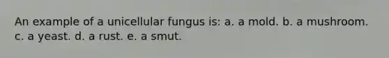 An example of a unicellular fungus is: a. a mold. b. a mushroom. c. a yeast. d. a rust. e. a smut.