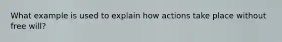 What example is used to explain how actions take place without free will?