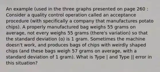 An example (used in the three graphs presented on page 260 : Consider a quality control operation called an acceptance procedure (with specifically a company that manufactures potato chips). A properly manufactured bag weighs 55 grams on average, not every weighs 55 grams (there's variation) so that the standard deviation (o) is 1 gram. Sometimes the machine doesn't work, and produces bags of chips with weirdly shaped chips (and these bags weigh 57 grams on average, with a standard deviation of 1 gram). What is Type | and Type || error in this situation?