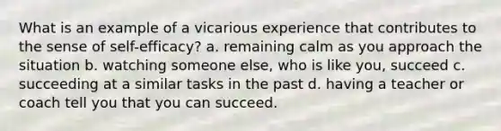 What is an example of a vicarious experience that contributes to the sense of self-efficacy? a. remaining calm as you approach the situation b. watching someone else, who is like you, succeed c. succeeding at a similar tasks in the past d. having a teacher or coach tell you that you can succeed.