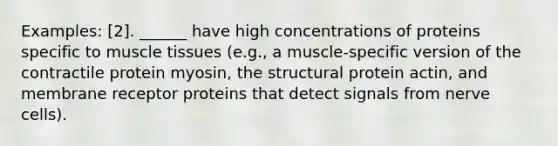 Examples: [2]. ______ have high concentrations of proteins specific to muscle tissues (e.g., a muscle-specific version of the contractile protein myosin, the structural protein actin, and membrane receptor proteins that detect signals from nerve cells).