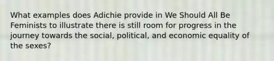 What examples does Adichie provide in We Should All Be Feminists to illustrate there is still room for progress in the journey towards the social, political, and economic equality of the sexes?