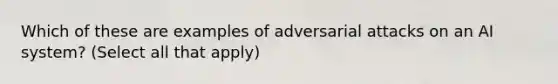 Which of these are examples of adversarial attacks on an AI system? (Select all that apply)