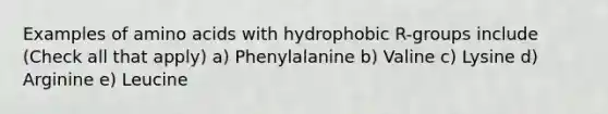 Examples of amino acids with hydrophobic R-groups include (Check all that apply) a) Phenylalanine b) Valine c) Lysine d) Arginine e) Leucine