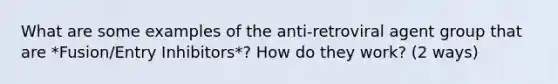 What are some examples of the anti-retroviral agent group that are *Fusion/Entry Inhibitors*? How do they work? (2 ways)