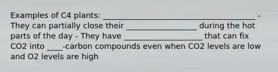 Examples of C4 plants: _______________________________________ - They can partially close their __________________ during the hot parts of the day - They have ____________________ that can fix CO2 into ____-carbon compounds even when CO2 levels are low and O2 levels are high