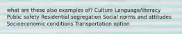 what are these also examples of? Culture Language/literacy Public safety Residential segregation Social norms and attitudes Socioeconomic conditions Transportation option