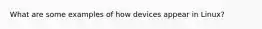 What are some examples of how devices appear in Linux?