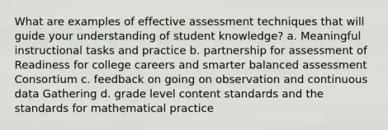 What are examples of effective assessment techniques that will guide your understanding of student knowledge? a. Meaningful instructional tasks and practice b. partnership for assessment of Readiness for college careers and smarter balanced assessment Consortium c. feedback on going on observation and continuous data Gathering d. grade level content standards and the standards for mathematical practice