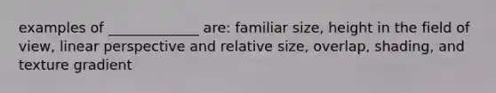 examples of _____________ are: familiar size, height in the field of view, linear perspective and relative size, overlap, shading, and texture gradient