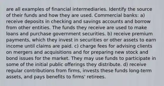 are all examples of financial intermediaries. Identify the source of their funds and how they are used. Commercial banks: a) receive deposits in checking and savings accounts and borrow from other entities. The funds they receive are used to make loans and purchase government securities. b) receive premium payments, which they invest in securities or other assets to earn income until claims are paid. c) charge fees for advising clients on mergers and acquisitions and for preparing new stock and bond issues for the market. They may use funds to participate in some of the initial public offerings they distribute. d) receive regular contributions from firms, invests these funds long-term assets, and pays benefits to firms' retirees.