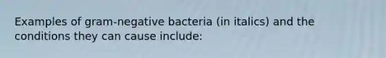 Examples of gram-negative bacteria (in italics) and the conditions they can cause include: