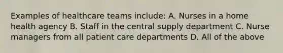 Examples of healthcare teams include: A. Nurses in a home health agency B. Staff in the central supply department C. Nurse managers from all patient care departments D. All of the above