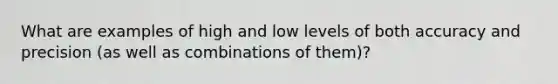 What are examples of high and low levels of both accuracy and precision (as well as combinations of them)?