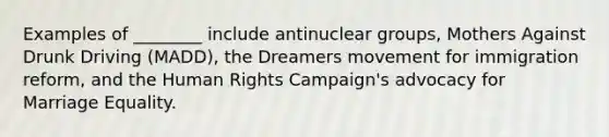 Examples of ________ include antinuclear groups, Mothers Against Drunk Driving (MADD), the Dreamers movement for immigration reform, and the Human Rights Campaign's advocacy for Marriage Equality.