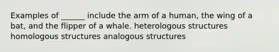 Examples of ______ include the arm of a human, the wing of a bat, and the flipper of a whale. heterologous structures homologous structures analogous structures