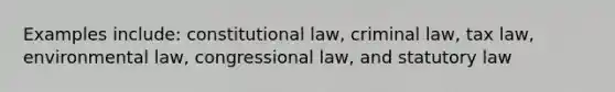 Examples include: constitutional law, criminal law, tax law, environmental law, congressional law, and statutory law