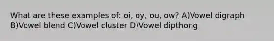 What are these examples of: oi, oy, ou, ow? A)Vowel digraph B)Vowel blend C)Vowel cluster D)Vowel dipthong