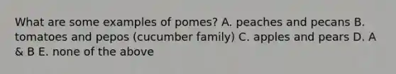 What are some examples of pomes? A. peaches and pecans B. tomatoes and pepos (cucumber family) C. apples and pears D. A & B E. none of the above