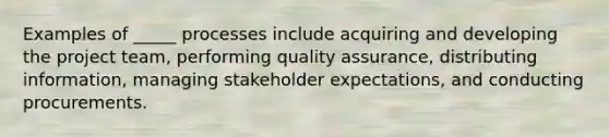 Examples of _____ processes include acquiring and developing the project team, performing quality assurance, distributing information, managing stakeholder expectations, and conducting procurements.