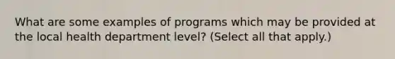 What are some examples of programs which may be provided at the local health department level? (Select all that apply.)