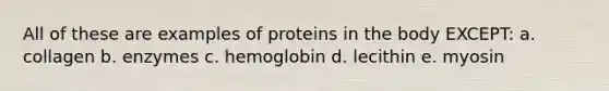 All of these are examples of proteins in the body EXCEPT: a. collagen b. enzymes c. hemoglobin d. lecithin e. myosin