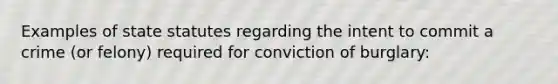 Examples of state statutes regarding the intent to commit a crime (or felony) required for conviction of burglary: