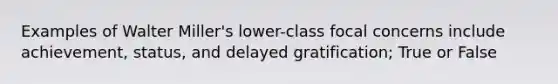 Examples of Walter Miller's lower-class focal concerns include achievement, status, and delayed gratification; True or False