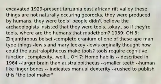 excavated 1929-present tanzania east african rift valley these things are not naturally occuring georocks, they were produced by humans, they were tools! people didn't believe the archaeologists insisted that they were tools...okay...so if they're tools, where are the humans that madethem? 1959: OH 5: Zinjanthropus boisei -complete cranium of one of these ape man type things -lewis and mary leekey -lewis orginally thought how could the australopithecus make tools? tools require cognitive function, complexity...well... OH 7: Homo habilis -- described in 1964 --larger brain than australopithecus --smaller teeth --human like finger bones -- indicates manual dexterity --rushed to publish this "the tool maker"