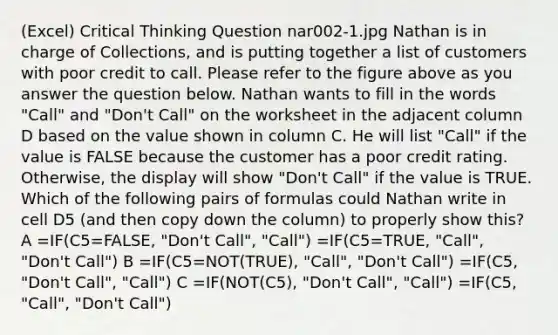 (Excel) Critical Thinking Question nar002-1.jpg Nathan is in charge of Collections, and is putting together a list of customers with poor credit to call. Please refer to the figure above as you answer the question below. Nathan wants to fill in the words "Call" and "Don't Call" on the worksheet in the adjacent column D based on the value shown in column C. He will list "Call" if the value is FALSE because the customer has a poor credit rating. Otherwise, the display will show "Don't Call" if the value is TRUE. Which of the following pairs of formulas could Nathan write in cell D5 (and then copy down the column) to properly show this? A =IF(C5=FALSE, "Don't Call", "Call") =IF(C5=TRUE, "Call", "Don't Call") B =IF(C5=NOT(TRUE), "Call", "Don't Call") =IF(C5, "Don't Call", "Call") C =IF(NOT(C5), "Don't Call", "Call") =IF(C5, "Call", "Don't Call")