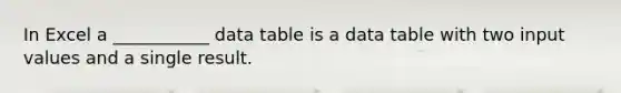 In Excel a ___________ data table is a data table with two input values and a single result.