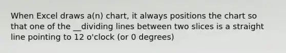 When Excel draws a(n) chart, it always positions the chart so that one of the __dividing lines between two slices is a straight line pointing to 12 o'clock (or 0 degrees)