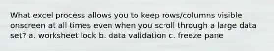 What excel process allows you to keep rows/columns visible onscreen at all times even when you scroll through a large data set? a. worksheet lock b. data validation c. freeze pane