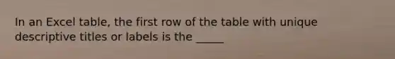 In an Excel table, the first row of the table with unique descriptive titles or labels is the _____