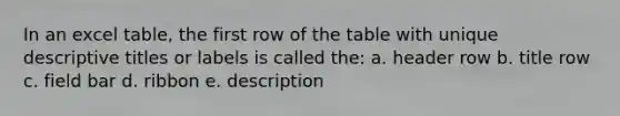 In an excel table, the first row of the table with unique descriptive titles or labels is called the: a. header row b. title row c. field bar d. ribbon e. description