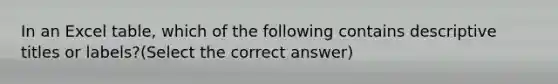 In an Excel table, which of the following contains descriptive titles or labels?(Select the correct answer)