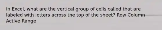 In Excel, what are the vertical group of cells called that are labeled with letters across the top of the sheet? Row Column Active Range