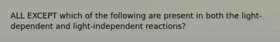 ALL EXCEPT which of the following are present in both the light-dependent and light-independent reactions?