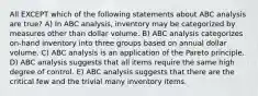 All EXCEPT which of the following statements about ABC analysis are true? A) In ABC analysis, inventory may be categorized by measures other than dollar volume. B) ABC analysis categorizes on-hand inventory into three groups based on annual dollar volume. C) ABC analysis is an application of the Pareto principle. D) ABC analysis suggests that all items require the same high degree of control. E) ABC analysis suggests that there are the critical few and the trivial many inventory items.