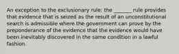 An exception to the exclusionary rule: the _______ rule provides that evidence that is seized as the result of an unconstitutional search is admissible where the government can prove by the preponderance of the evidence that the evidence would have been inevitably discovered in the same condition in a lawful fashion.