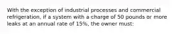 With the exception of industrial processes and commercial refrigeration, if a system with a charge of 50 pounds or more leaks at an annual rate of 15%, the owner must: