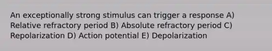 An exceptionally strong stimulus can trigger a response A) Relative refractory period B) Absolute refractory period C) Repolarization D) Action potential E) Depolarization