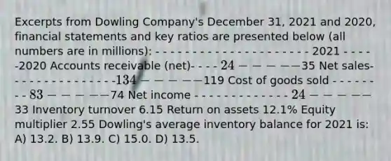 Excerpts from Dowling Company's December 31, 2021 and 2020, financial statements and key ratios are presented below (all numbers are in millions): - - - - - - - - - - - - - - - - - - - - - 2021 - - - - -2020 Accounts receivable (net)- - - - 24 - - - - -35 Net sales- - - - - - - - - - - - - - -134 - - - - -119 Cost of goods sold - - - - - - - - 83 - - - - -74 Net income - - - - - - - - - - - - - 24 - - - - -33 Inventory turnover 6.15 Return on assets 12.1% Equity multiplier 2.55 Dowling's average inventory balance for 2021 is: A) 13.2. B) 13.9. C) 15.0. D) 13.5.