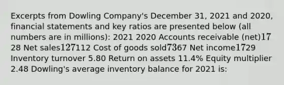 Excerpts from Dowling Company's December 31, 2021 and 2020, financial statements and key ratios are presented below (all numbers are in millions): 2021 2020 Accounts receivable (net)1728 Net sales127112 Cost of goods sold7367 Net income1729 Inventory turnover 5.80 Return on assets 11.4% Equity multiplier 2.48 Dowling's average inventory balance for 2021 is: