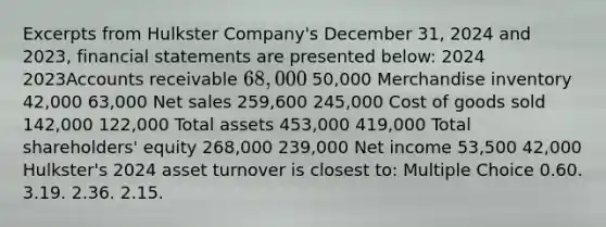 Excerpts from Hulkster Company's December 31, 2024 and 2023, financial statements are presented below: 2024 2023Accounts receivable 68,000 50,000 Merchandise inventory 42,000 63,000 Net sales 259,600 245,000 Cost of goods sold 142,000 122,000 Total assets 453,000 419,000 Total shareholders' equity 268,000 239,000 Net income 53,500 42,000 Hulkster's 2024 asset turnover is closest to: Multiple Choice 0.60. 3.19. 2.36. 2.15.