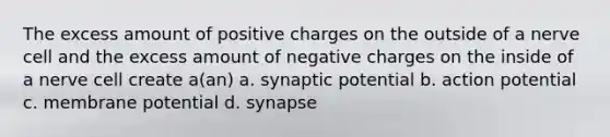 The excess amount of positive charges on the outside of a nerve cell and the excess amount of negative charges on the inside of a nerve cell create a(an) a. synaptic potential b. action potential c. membrane potential d. synapse