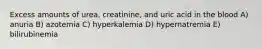 Excess amounts of urea, creatinine, and uric acid in the blood A) anuria B) azotemia C) hyperkalemia D) hypernatremia E) bilirubinemia