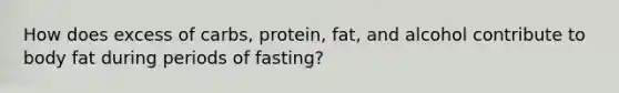 How does excess of carbs, protein, fat, and alcohol contribute to body fat during periods of fasting?