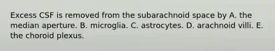 Excess CSF is removed from the subarachnoid space by A. the median aperture. B. microglia. C. astrocytes. D. arachnoid villi. E. the choroid plexus.